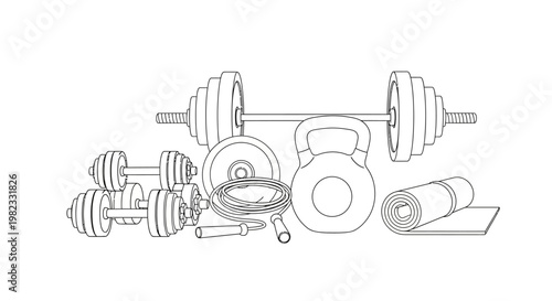 Gym equipment collection dumbbells barbell kettlebell jump rope and mat