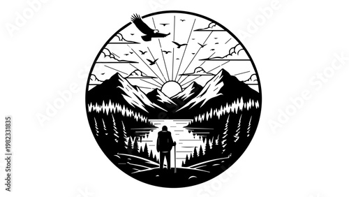 Lone Traveler Under Mountain Sky  Minimalist Nature Adventure Art