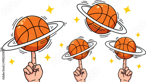 Cartoon basketball planet vector set, spinning basketball on finger illustration, orange sports ball with rings and stars, creative basketball icons