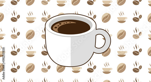 Freshly brewed coffee in white mug against pattern background