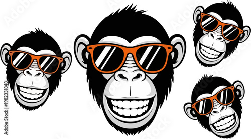 Cool monkey head vector set, smiling chimpanzee characters wearing orange sunglasses, funny primate mascot collection for t-shirt design