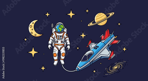 Astronaut and spaceship floating in a dark space with planets and stars