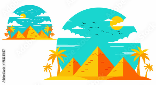 Flat vector Egypt pyramids landscape, desert oasis with palm trees and sun, ancient Giza monuments under blue sky, travel and tourism illustration