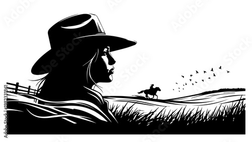 A grayscale silhouette illustration of a woman wearing a cap covering his face