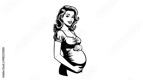 Pregnant woman silhouette with long wavy hair smiling and holding belly