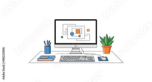 Computer workstation illustration with keyboard mouse and houseplant