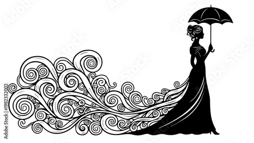 Silhouette of a woman with long flowing hair in profile view