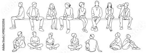 Set of silhouettes of men, women and teenagers sitting on a bench with a smartphone, hand drawn vector images, linear sketch, group of people isolated on white background