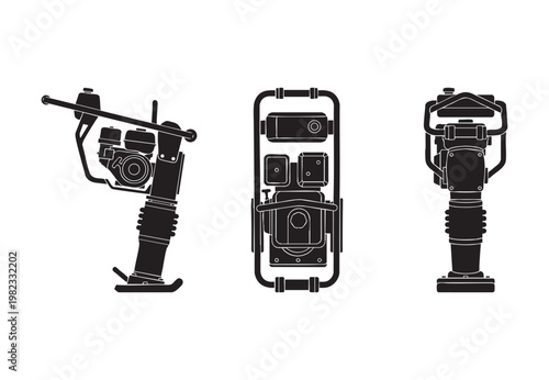 Industrial Jumping Jack Rammer Vector Set – Side Top and Front Solid Silhouettes
