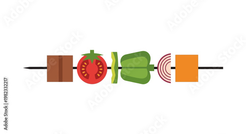 A colorful vegetable and meat skewer illustration for barbecue concept.