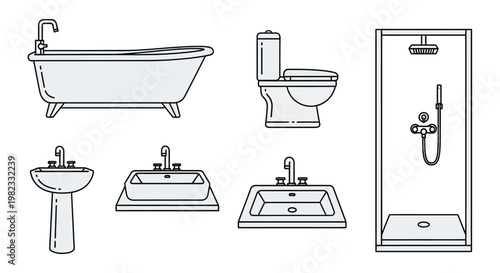 Line art illustration of bathroom fixtures including a tub and shower