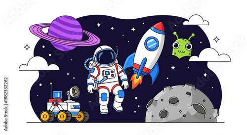 Astronaut in space with rocketship and alien illustration on dark background