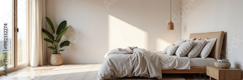 Modern bedroom interior with cozy bed and natural light streaming through large windows. Bedroom features minimalist decor, greenery, and warm tones creating a serene atmosphere for relaxation.