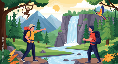 Two backpackers explore lush mountain wilderness featuring beautiful waterfall and flowing river under bright sun with wildlife icons.