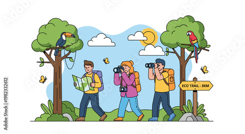 Group of nature enthusiasts explore ecological trail using binoculars and cameras to observe exotic birds in lush tropical forest.