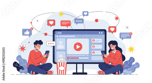 Man and woman enjoy watching live video stream together while interacting on social media through their mobile phones and enjoying popcorn.