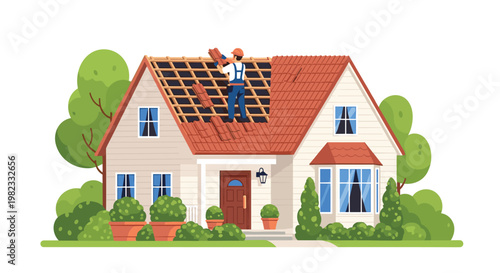 Professional roofer installs new tiles on residential house roof during sunny day surrounded by green trees and well kept garden area.