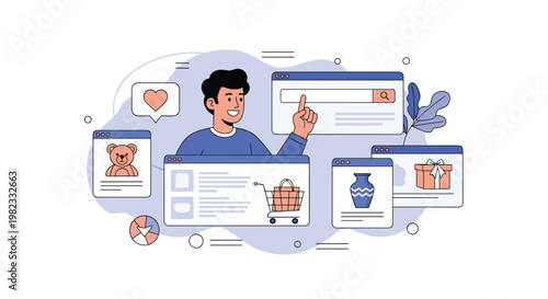 Happy man uses large search bar to browse various products including toys and gifts on e-commerce shopping web pages from home.