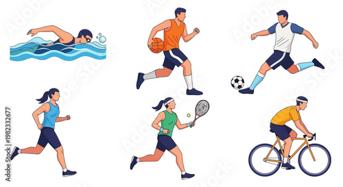 Athletic individuals engaging in various sports activities on a white background