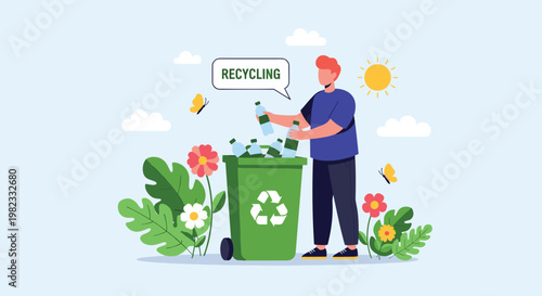 Responsible person places plastic bottles into green recycling bin in beautiful garden setting to promote environmental protection.