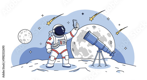 Astronaut in full spacesuit takes selfie on moon surface with telescope and shooting stars in starry night sky background scenery.