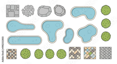 Top down view of various landscaping elements including ponds rocks and trees
