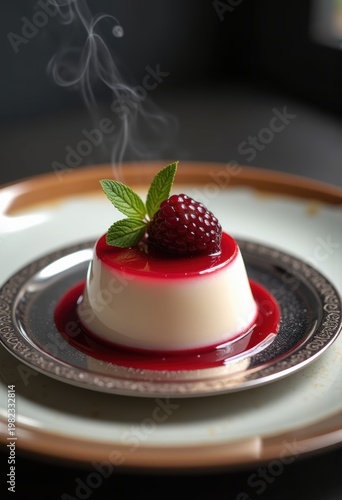 Elegant Panna Cotta Berry Coulis on Polished Mirrored Dessert Plate Luscious Culinary Showcase