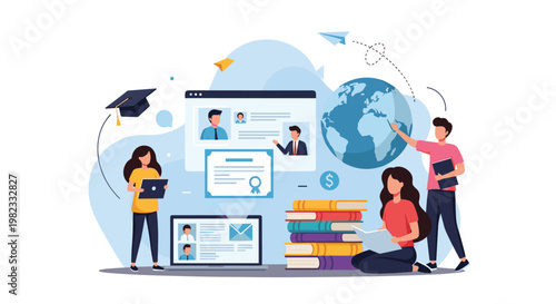 Diverse group of students uses online platforms for global education including courses and certification while interacting with globe.