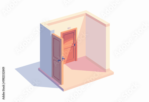 minimalist isometric illustration freestanding wooden door opening into room, but room inside is rotated 90 degrees sideways Surreal corporate transition concept Clean white background No text