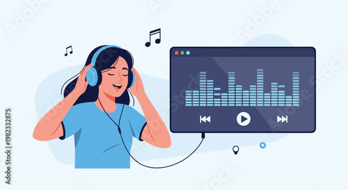 Happy woman wears headphones and listens to her favorite music using online audio player with visible sound frequency wave levels.