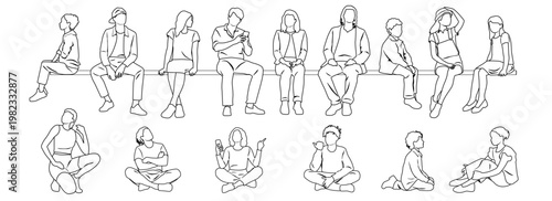 Silhouettes of men, women, teenagers and children sitting on a bench with a smartphone, hand-drawn vector images, linear sketch, group of people isolated on white background