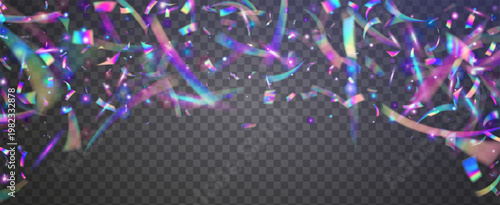 Hologram Tinsel For Carnival. Crystal And Disco Flares On A Rainbow Birthday Bg. Abstract 3d Vector With Holographic Texture And Gradient Shine. Pink And Blue Hologram Tinsel