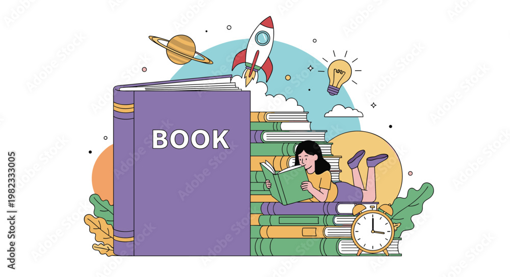 Fototapeta premium Young girl lies on large stack of books and reads while surrounded by symbols of imagination including rocket and planets.