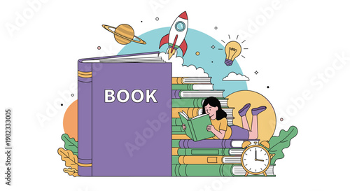 Young girl lies on large stack of books and reads while surrounded by symbols of imagination including rocket and planets.