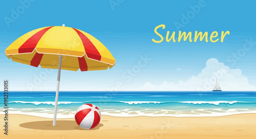 Beach scene with umbrella ball and ocean summer background illustration