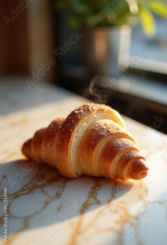 Flaky Almond Croissant Delight Center Peeking from Marble Bakery Counter