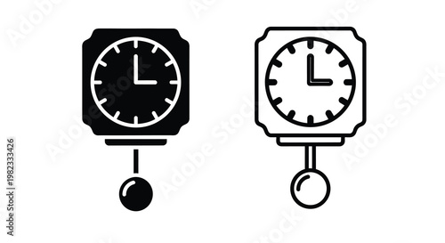 Two minimalist black and white depictions of classic pendulum wall clocks