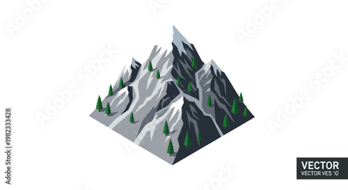 Isometric illustration of majestic mountain range with trees and snow