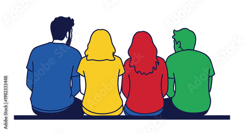 Four people with brightly colored silhouettes are sitting side by side