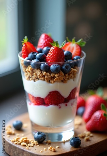 Layered Greek Yogurt Parfait Granola Berry Bowl Clear Glass Arrangement