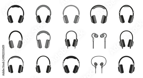 Headphones collection set black and white vector illustration isolated