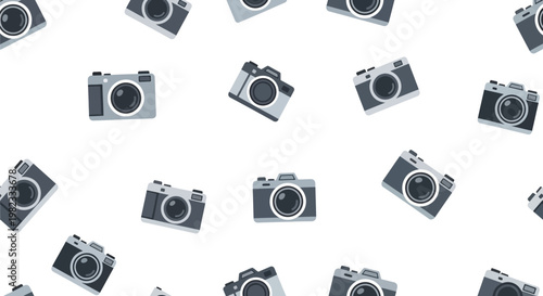 Repeating pattern of cartoon cameras on white background photography concept
