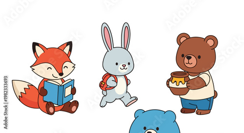 Cartoon animals together in illustration fox rabbit and bear on white