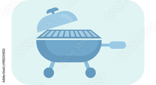 Minimalist blue icon of a charcoal barbecue grill with lid open.