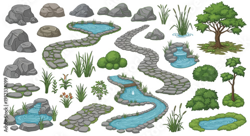 Cartoon garden elements including rocks paths ponds and lush greenery