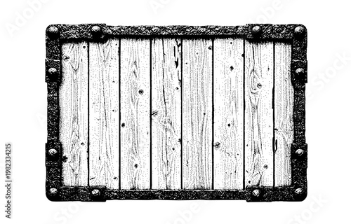 Rectangular wooden crate vector illustration featuring a dark metal reinforced frame with prominent iron studs