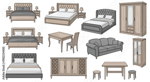 Collection of illustrated bedroom and living room furniture pieces