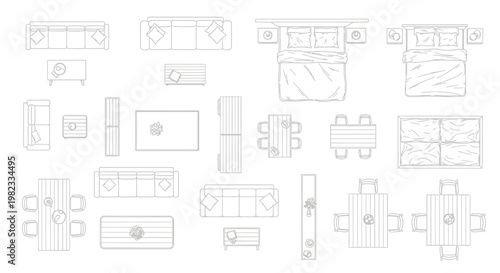 Overhead view of furniture arrangement in a minimalist interior design