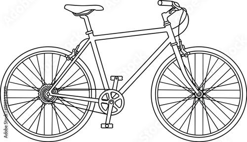 Minimal bicycle outline side view, detailed bike line icon with gears isolated on white