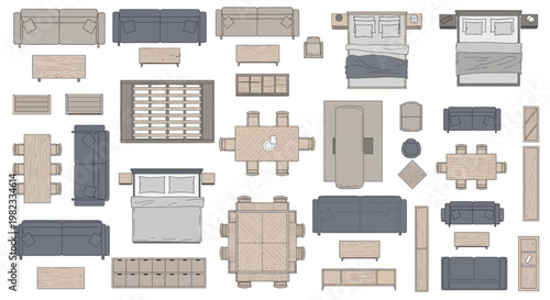 Overhead view displaying various furniture items in a schematic layout